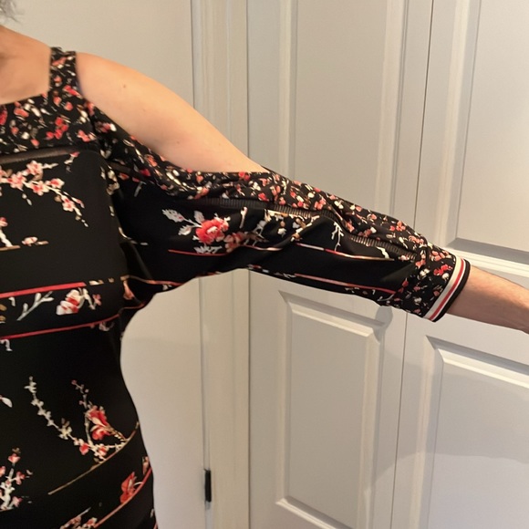 WHBM cold shoulder raglan sleeve black dress with pink floral striped design - Picture 5 of 15